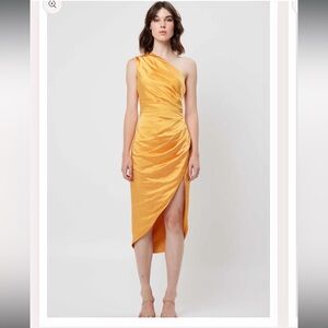 Elliatt Gold Asymmetrical Ruched Sheath Dress